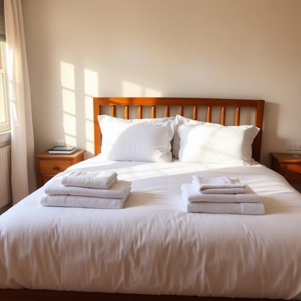 Freshly made Airbnb bed with clean white linens and folded towels
