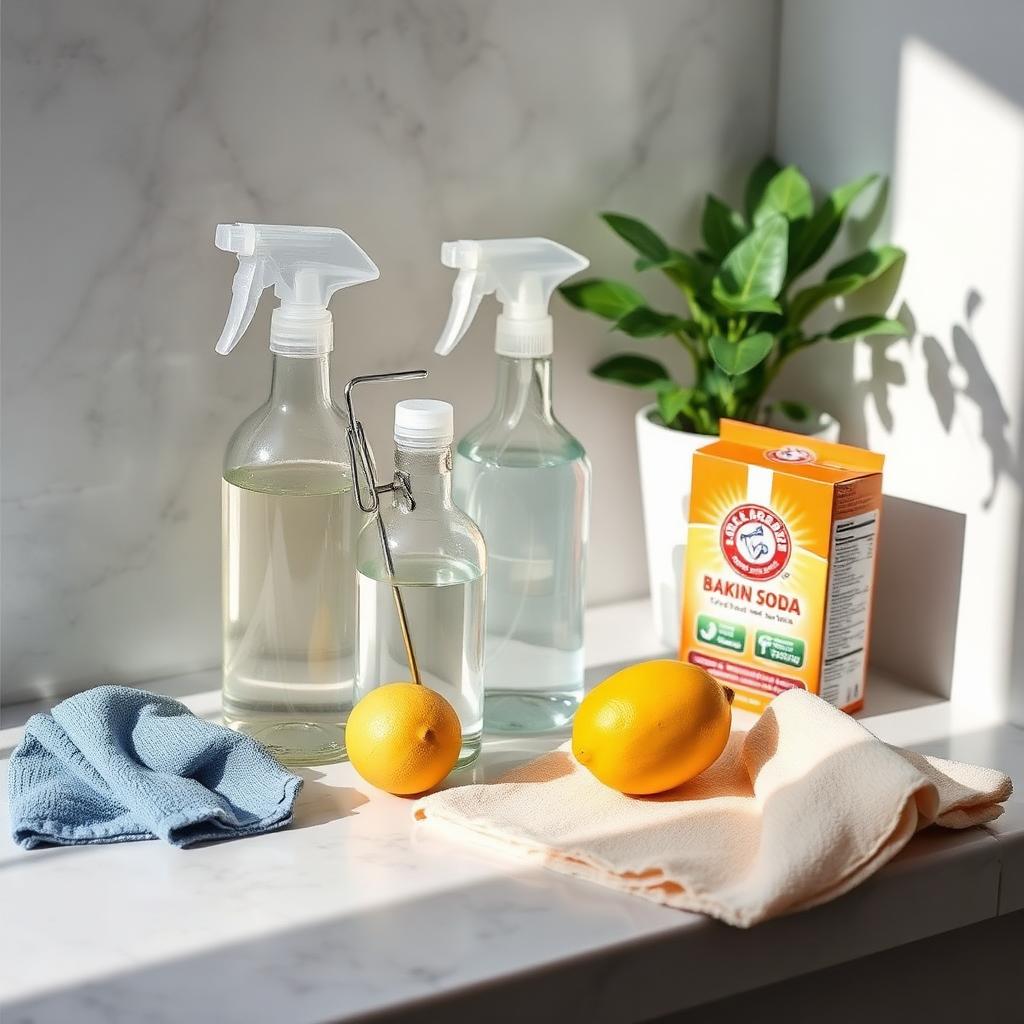 Eco friendly cleaning supplies on a marble counter