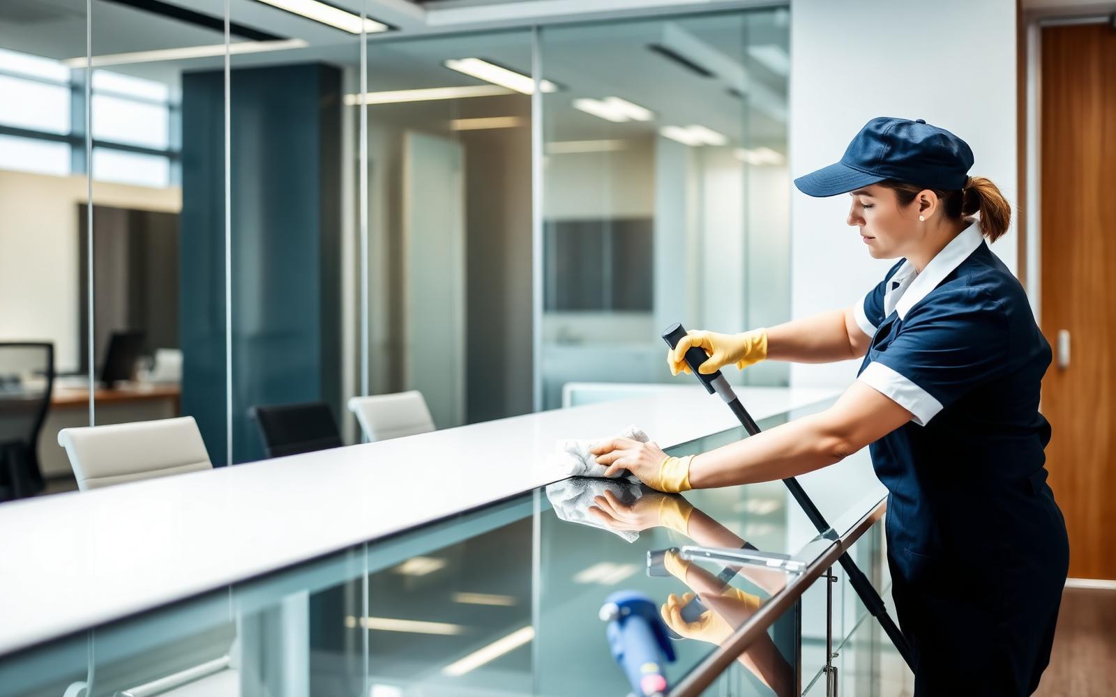 Professional commercial cleaner sanitizing a modern office conference room