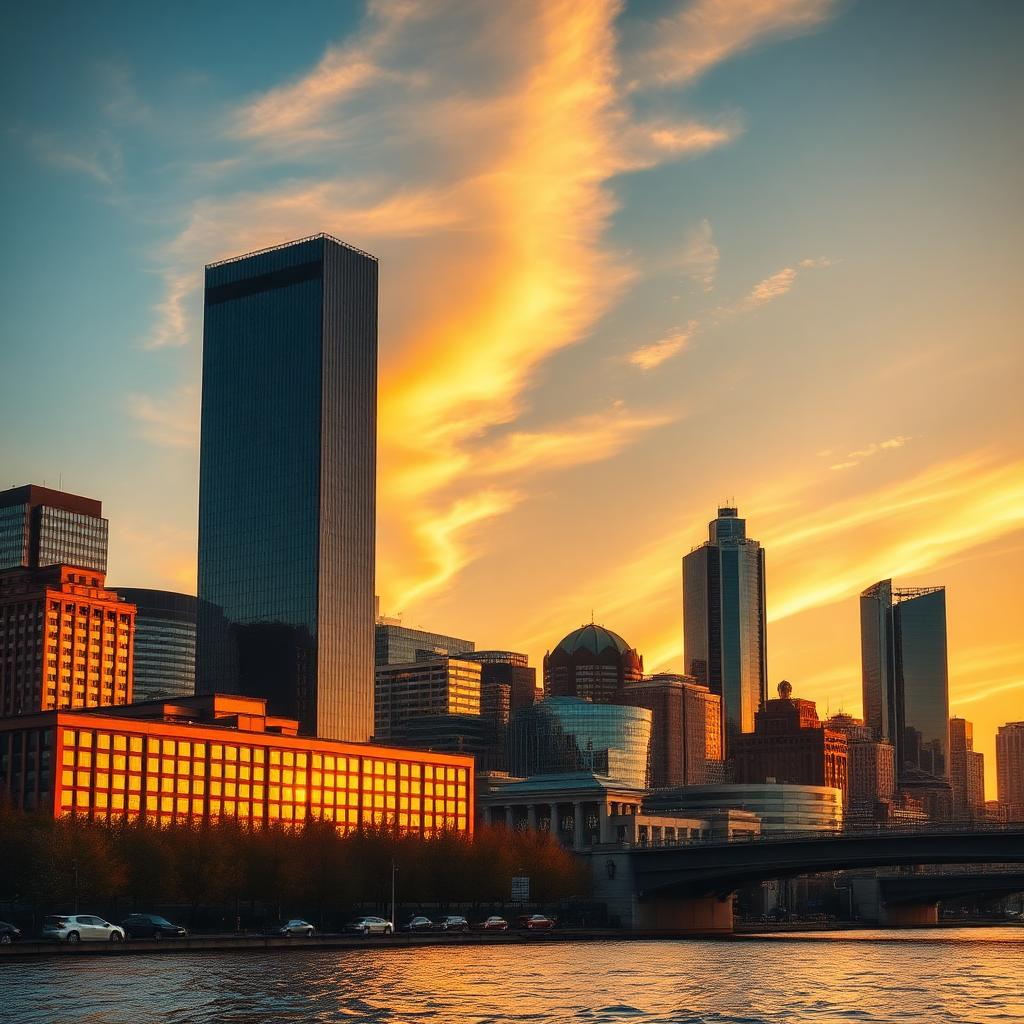 Downtown Detroit skyline at golden hour