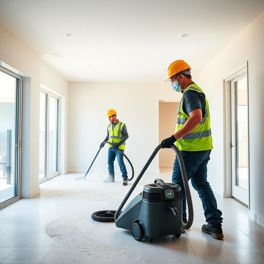 Post construction cleaning crew vacuuming drywall dust in a new home